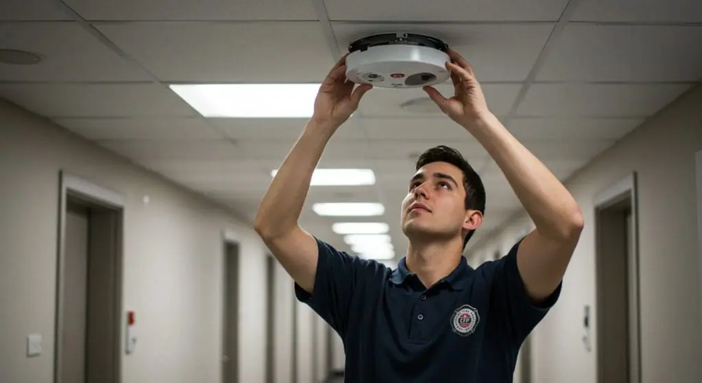 Newport Beach fire safety expert installs smoke detector for Commercial Fire Protection.