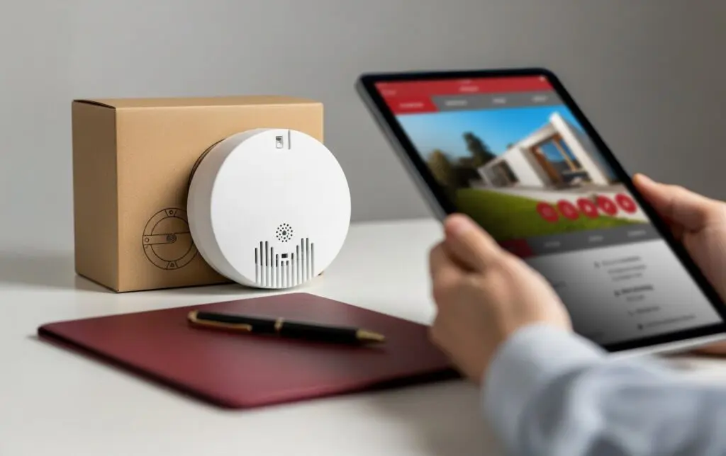 Person browsing fire safety products on a tablet next to a smoke detector in Newport Beach, CA.