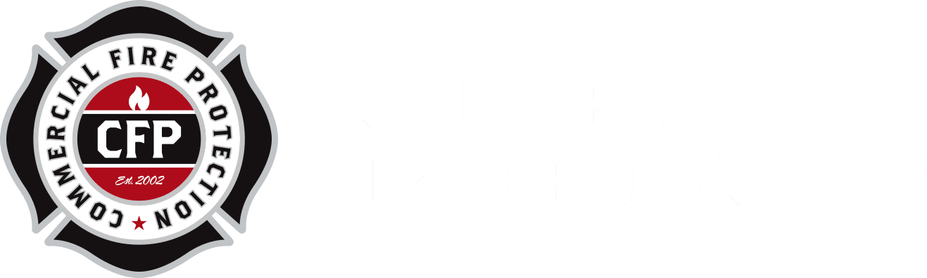 Logo of Commercial Fire Protection, Newport Beach, CA showing a shield with a flame, established 2002.