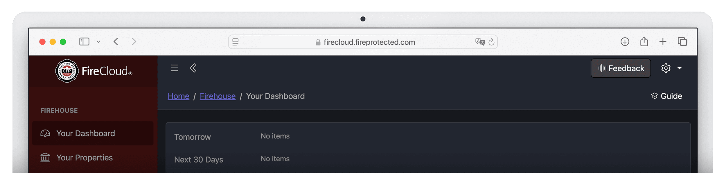 FireCloud dashboard web interface for a Commercial Fire Protection Safety company based in Newport Beach, CA.