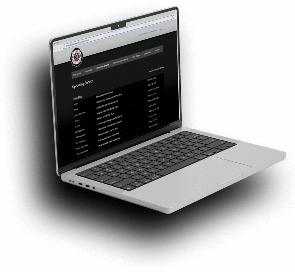 Laptop displaying website of a Fire Safety Company in Newport Beach, CA, showcasing service schedule.