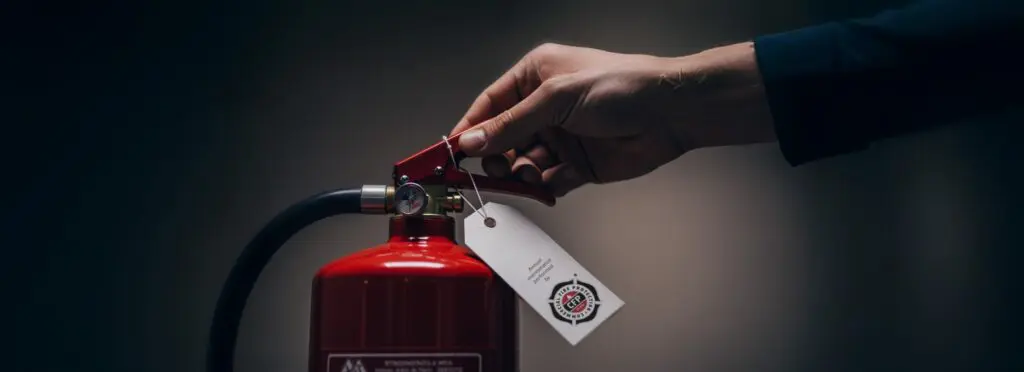 Hand inspecting a red fire extinguisher, tagged by Newport Beach CA fire safety company.