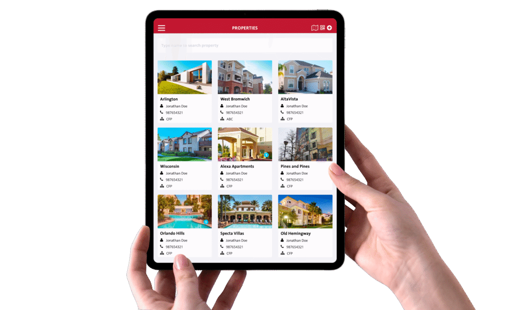 Hands holding a tablet displaying various properties, focusing on fire safety features by a Newport Beach, CA company.