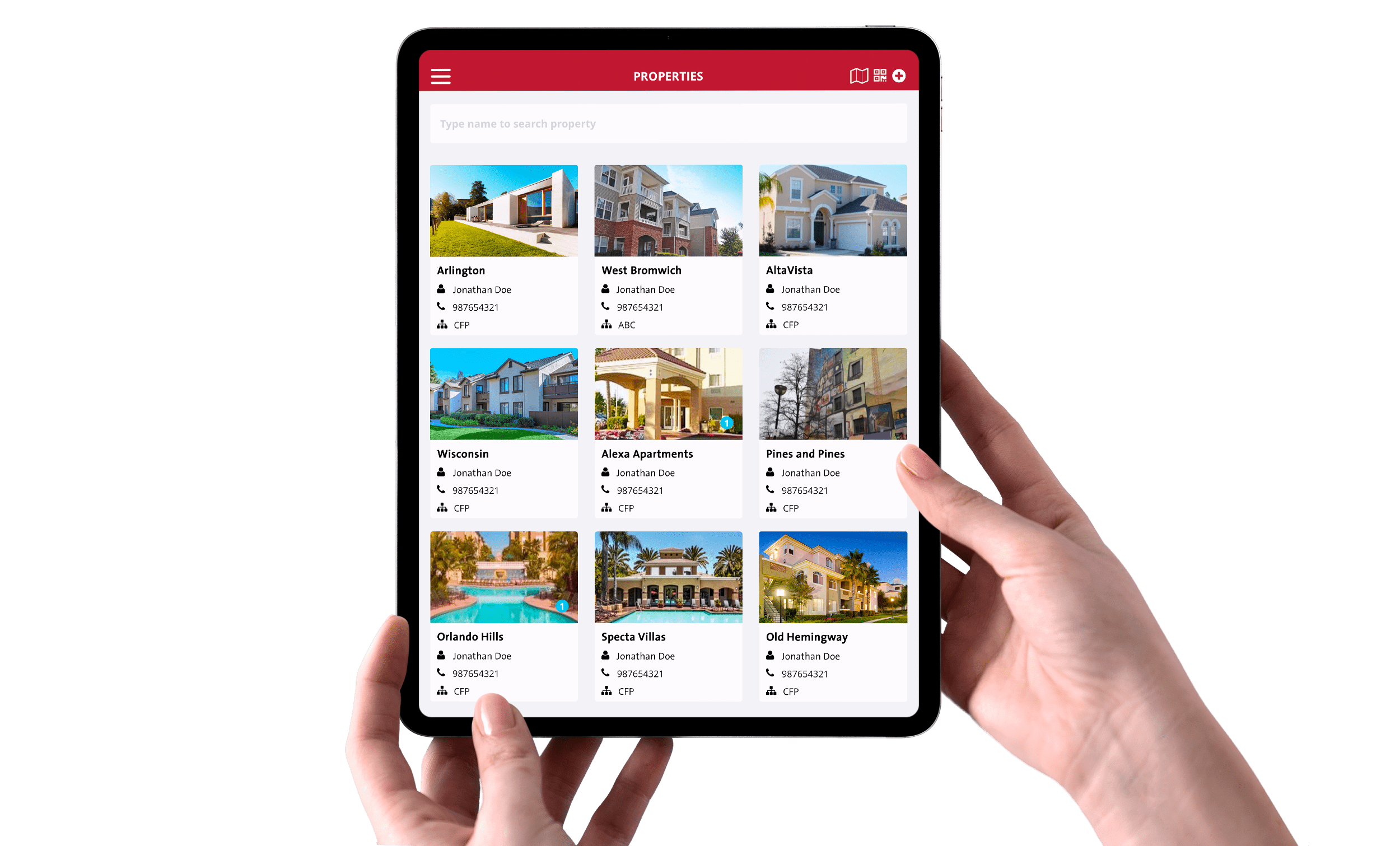 Hands holding a tablet displaying various properties, focusing on fire safety features by a Newport Beach, CA company.
