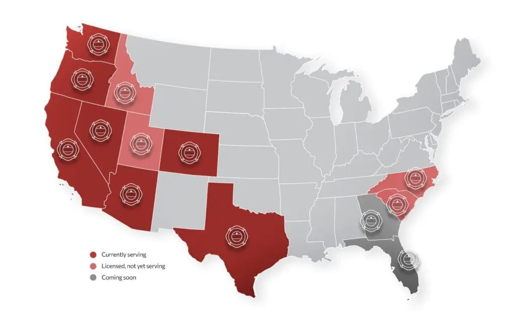 Map showing Commercial Fire Protection company's service areas in the USA, including Newport Beach, CA.