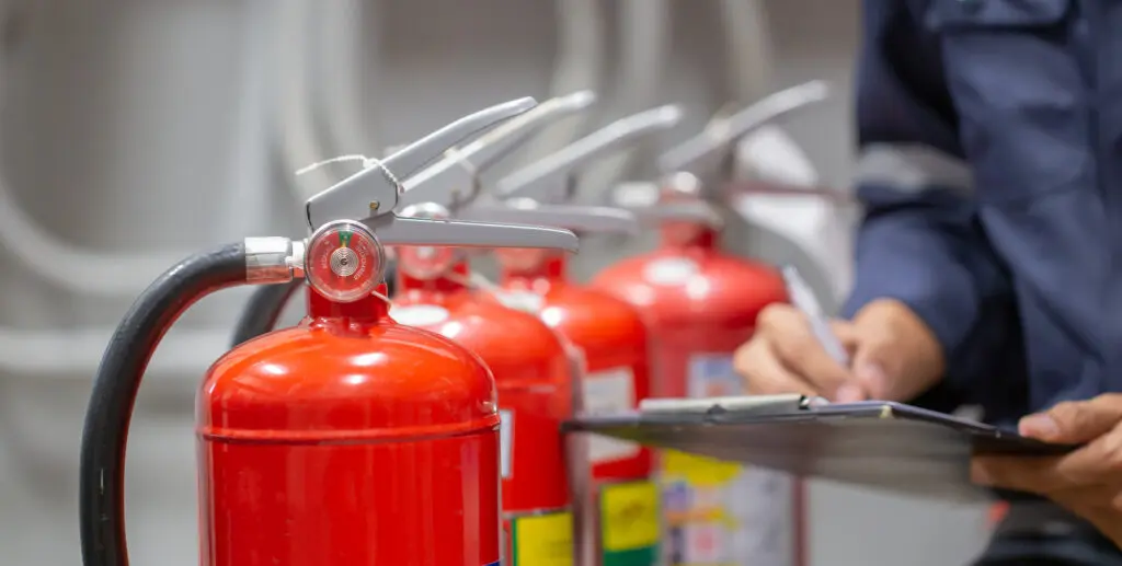Engineer are checking and inspection a fire extinguishers tank in the fire control room for safety training and fire prevention.
