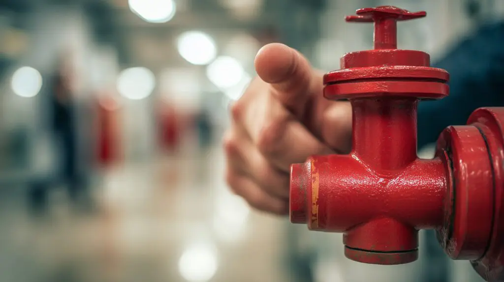 Red fire sprinkler control valve in hand representing fire sprinkler inspection, safety check and maintenance in commercial environment.