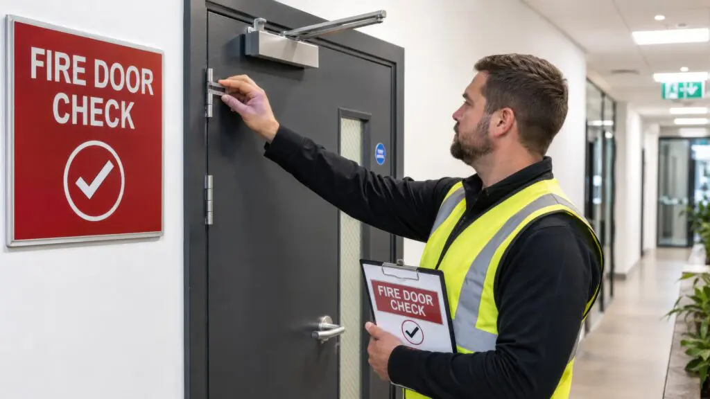 Worker checks fire door in office hallway during safety inspection for compliance with fire regulations