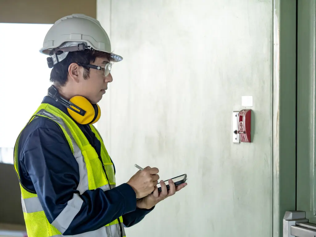 Building inspector man using digital tablet checking wall mounted fire alarm station near fire exit door. Asian male worker in reflective vest and helmet checking door hardware for safety and security