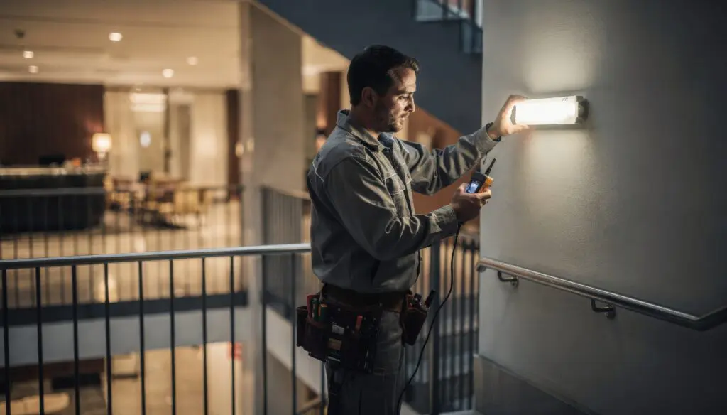 Medium shot of a maintenance worker verifying the functionality of emergency lighting near a hotel stairwell highlighting the equipment with a blurred lobby in the background.