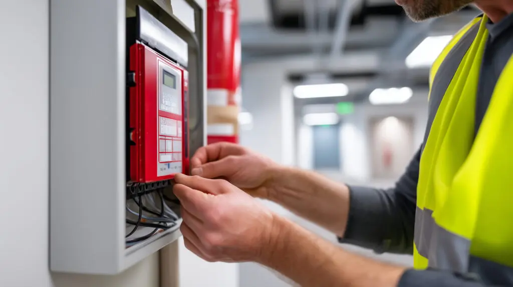 Fire safety technician inspecting and servicing an electrical fire alarm control panel, close-up of worker hands opening a wall-mounted alarm system cabinet, red fire suppression p