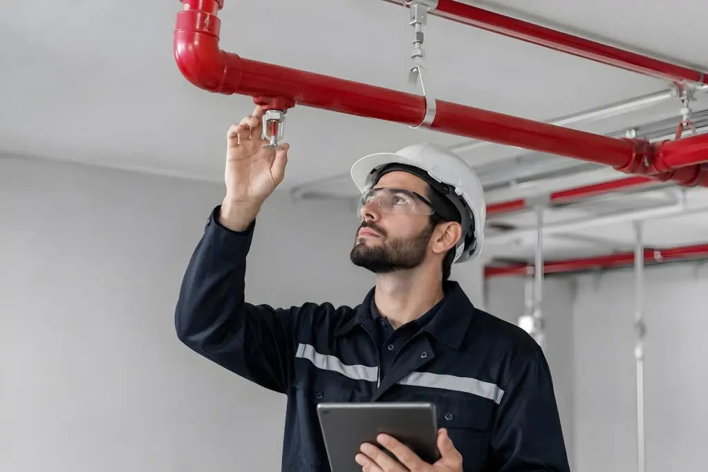 Worker Inspecting Fire Sprinkler System with Digital Tablet in Facility