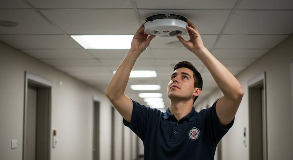 Newport Beach fire safety expert installs smoke detector for Commercial Fire Protection.
