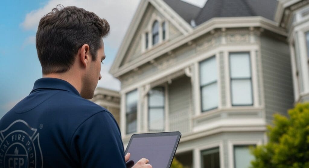 CFP technician with tablet inspecting fire safety at a Newport Beach home.