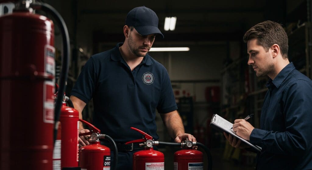 Fire safety professionals inspecting extinguishers at a Newport Beach fire protection company.