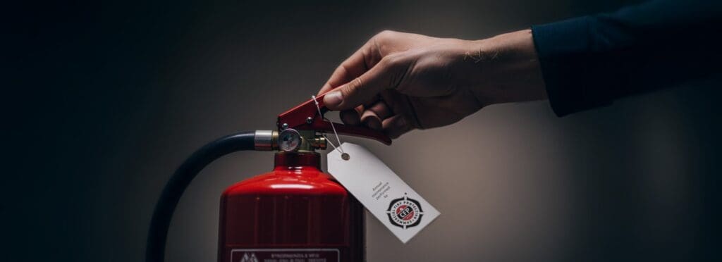 Hand inspecting a red fire extinguisher, tagged by Newport Beach CA fire safety company.