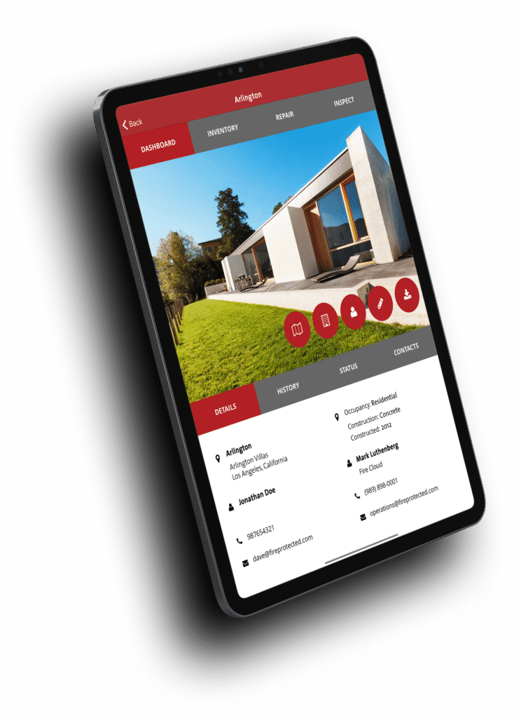 Tablet screen displaying Fire Protection Services app for a Newport Beach company on a modern house background.