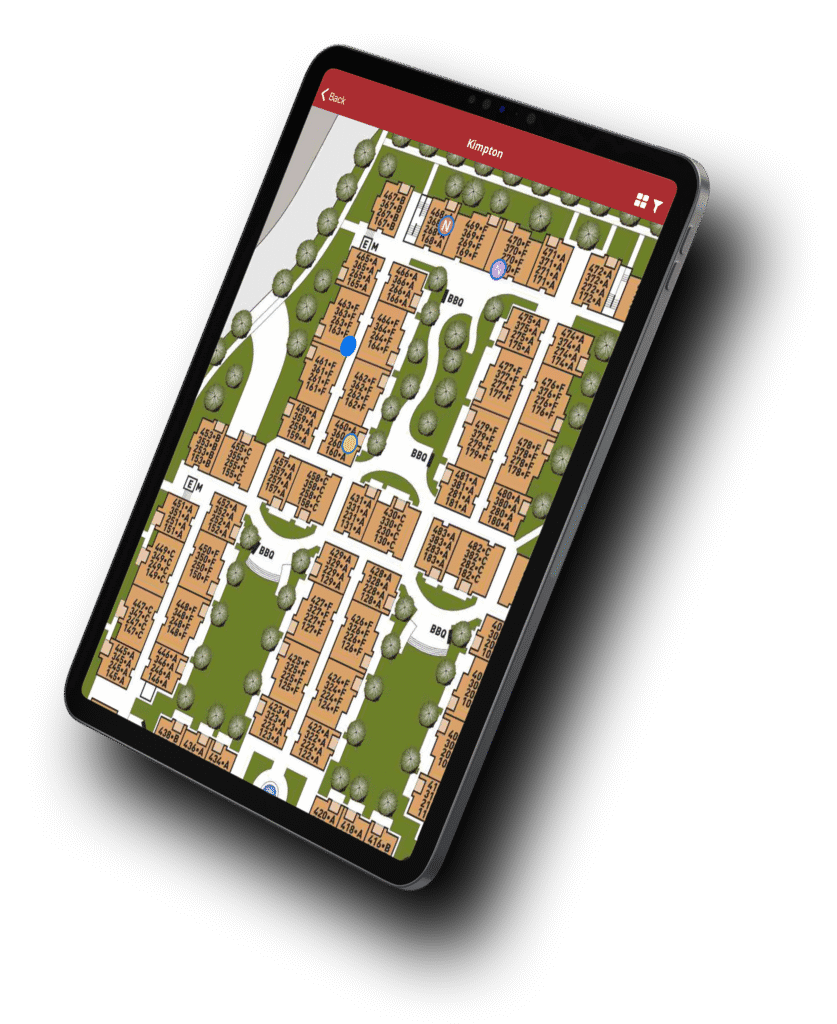 Digital map of a commercial area on a tablet, highlighting fire safety routes in Newport Beach, CA by a Fire Protection Company.
