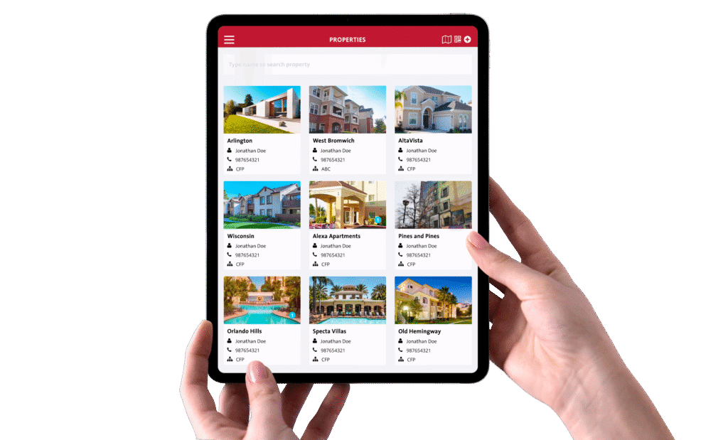 Hands holding a tablet displaying various properties, focusing on fire safety features by a Newport Beach, CA company.