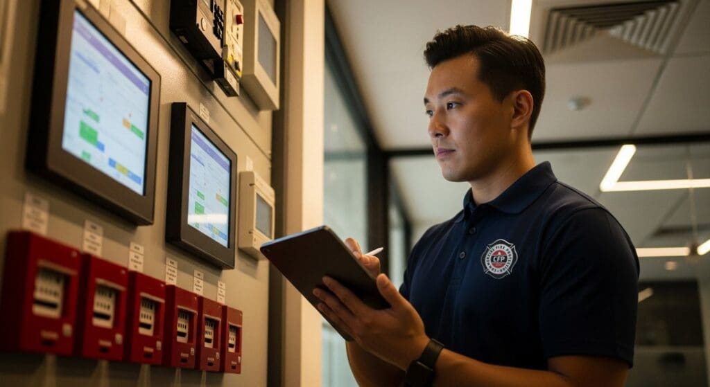 CFP technician in Newport Beach, CA monitors fire safety systems on a tablet, ensuring compliance and protection.