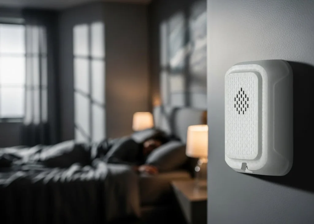 Smoke detector installed in a bedroom, ensuring safety in Newport Beach, CA homes.